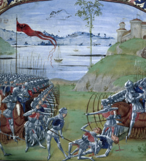 Caesar and Pompey fighting the Gauls, 1473. Two opposing armies face each other. Rows of archers