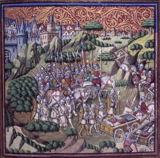 The army of the King of Sicily, riding away from a city, c1500. An army on the move with its