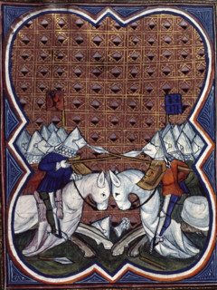 Knights charging, end of the 14th century. Their helmets have hinged visors to enable better vision