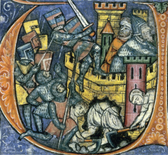 Siege of Jerusalem, 1250-1259. Undermining the walls. Soldiers in full armour attack the city,