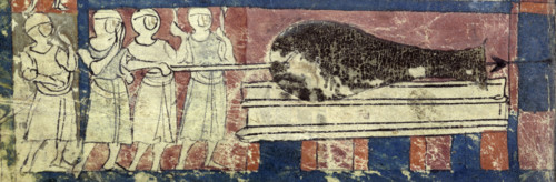 Firing the earliest known cannon, c1326. One of the figures ignites the weapon through a touch hole