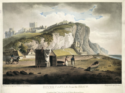 'Dover Castle from the Beach', Dover, Kent, 1801. Two men standing beside a hut, one carrying a