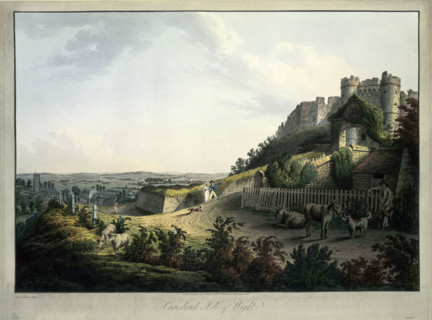 'Carisbrook Isle of Wight', 1813. View of Carisbrooke Castle, a couple with a dog, and cattle in