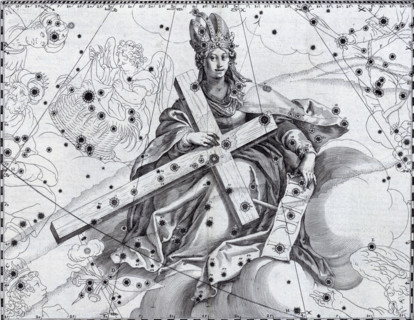 Cygnus as the Holy Cross, 1627. The allegorical figure of Cygnus sits amongst clouds holding the