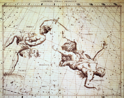 The star constellations Perseus and Andromeda, 1729. Perseus is holding the head of Medusa, the