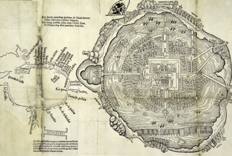 Map of Tenochtitlan, Mexico, with Gulf Coast at left, 1524. Spanish conquistador Hernando Cortes