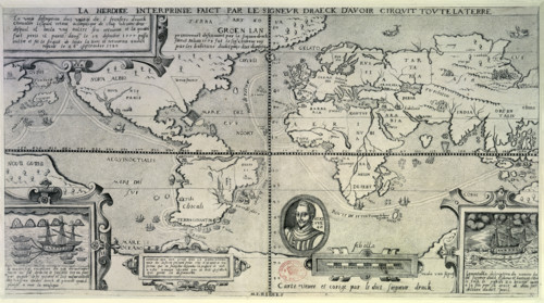 Map showing Francis Drake's Circumnavigation of the Globe, late 16th century. 'La vraie description