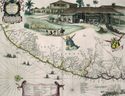 Dutch map of Brazil, with view of a sugar plantation, c1720. 'Praefectura Paranambucae Pars