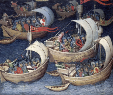 The Greek fleet at sea, second siege of Troy, 15th century. From "Les Livres des Histoires du