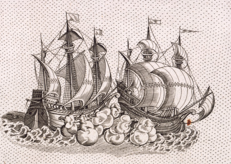 Two warships firing at each other, 1583. A pair of galleons fire broadsides at each other at close