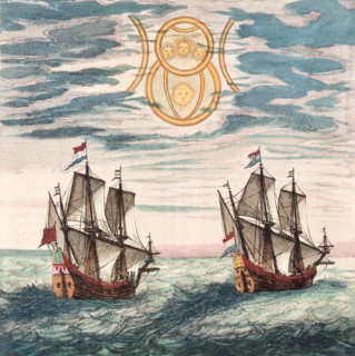 Two Dutch ships at sea, 17th century. The Dutch cartographer Willem Blaeu and his son Joan were
