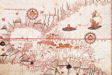Map of the Caribbean, c1578. Showing 'Niova Spagna' ie New Spain - land conquered by the Spaniards: