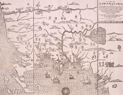 Map of New England, 1677. Self-proclaimed as the first map ever printed in America. 'Being the