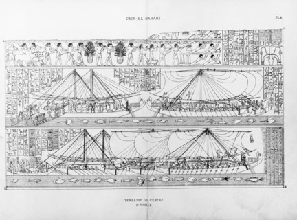 Egyptian ships, c1500 BC. These pictures, redrawn from stone reliefs on the tomb of Hatshepsut at