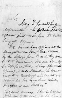 Message communicating the outbreak of the Indian Mutiny, 11th May 1857. This message reports the