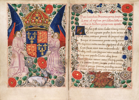 The coat of arms of Henry VII supported by two angels, 1486. 'Laus Angliae'. The royal arms, held