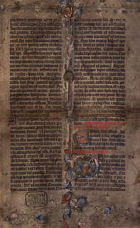 A leaf of the first printed Bible, c1455. This, the '42 line Bible', was printed at Mainz, Germany,