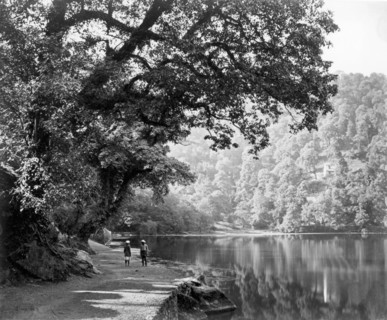 Lake at Naini Tal, India, c1865. Two people stand on the shore beside this picturesque, tree-lined
