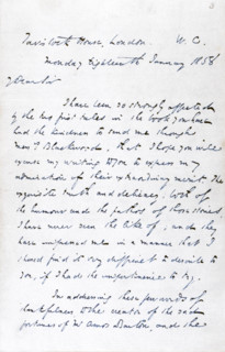 Letter from Charles Dickens to 'George Eliot' (Mary Ann Evans), the novelist, thanking her for a