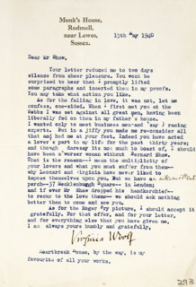 Letter of admiration and love from Virginia Woolf to George Bernard Shaw, 1940. 'Monk's House,