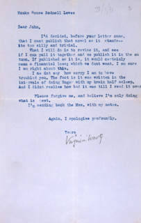 Letter from Virginia Woolf to John Lehmann, her publisher, re her last book, "Between the Acts",