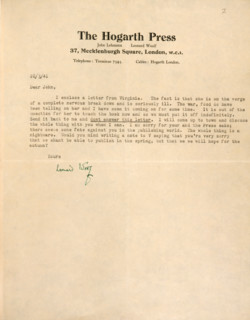 Letter from Leonard Woolf to John Lehmann, his wife Virginia Woolf's publisher, telling him of her
