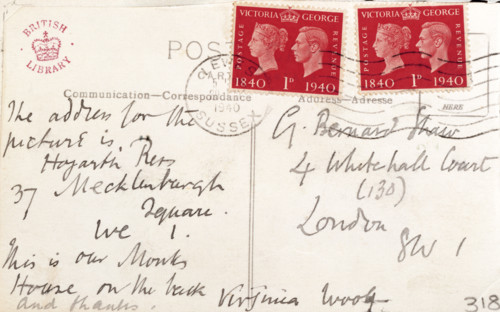 Postcard sent from Virginia Woolf to George Bernard Shaw, 1940. Card sent by Woolf from Lewes in