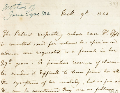 Charlotte Bronte's letter to Dr John Epps, 1848. Desperate to alleviate her sister Emily's