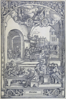 The planet Mercury and artists, scholars and technicians, c1535. Mercury rides through the clouds