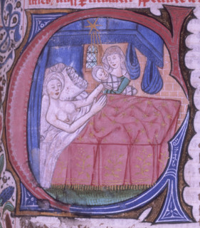 Birth scene, 1490. Historiated initial 'C'(um): a midwife presenting the newborn to the mother, who