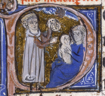 An astrologer discusses a child's horoscope with its mother, early 14th century. From their anxious
