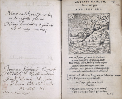 The fall of Icarus, 1573. Icarus has flown too near to the sun, the heat of which has destroyed his