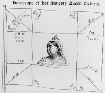 Horoscope for Her Majesty Queen Victoria, 1895. A portrait of the queen surrounded by astrological