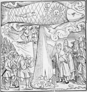 The predicted floods of 1524, (1523). In the sky is a great fish representing Pisces. A flood pours