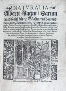 The title page of "Naturalia", 1548. The author Albertus Magnus (1200-1280) sits writing at his