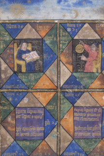 Alchemists at work, 15th century. An alchemist consulting a chart, and conducting an experiment.