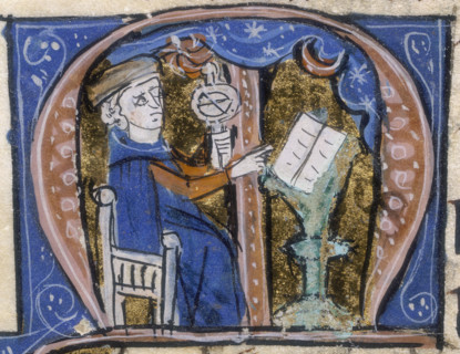 An astrologer at work with his book and an armillary, early 14th century. From a medieval