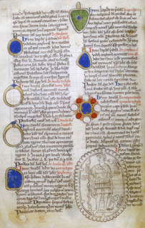 Description of the Jewels of St Albans, c 1250-1254. Text with sketches of gemstones and rings in