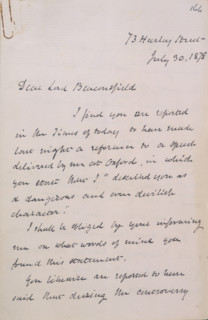 Letter from Gladstone to Disraeli, 1878. Page from an exchange of letters between William Gladstone
