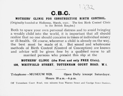 Printed slip advertising the Mothers' Clinic for Constructive Birth Control, London, (c1932?).