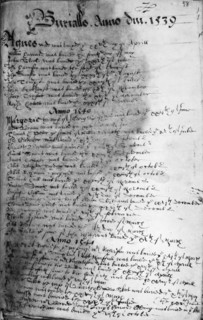 Parish register, late 16th century. The first entries for burials in 1539, 1540, and 1541 from the