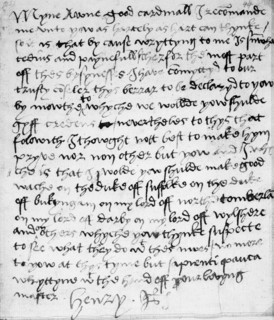 Holograph letter from King Henry VIII to Cardinal Thomas Wolsey, c.1519-20. This secret note to