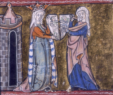 Guinevere with the cleft shield, c1316. Queen Guinevere and another woman holding two halves of a