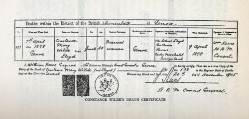 Constance Wilde's death certificate, 1898. Irish writer Constance Mary Wilde (née Lloyd, 1858-1898)