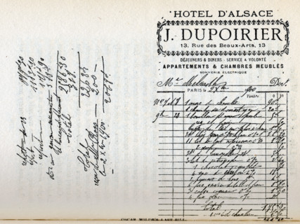 Oscar Wilde's last bill at the Hotel D'Alsace, Paris, France, 1900. 'Dejeuners & Diners - Service a