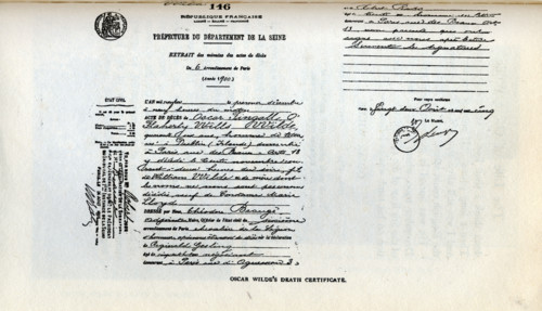 Oscar Wilde's death certificate, 1900. 'Préfecture du Département de la Seine' (Prefecture of the