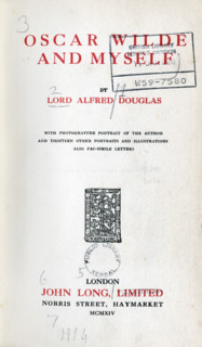 Title page from "Oscar Wilde and Myself" by Lord Alfred Douglas, 1914. 'with photogravure portrait