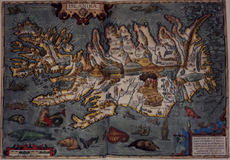 Map of Iceland, 1606. 'Islandia', with volcanos and sea monsters. From "Theatrum Orbis Terrarum",