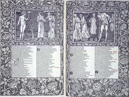 Two illustrations and text from the Canterbury Tales, 1896. The Kelmscott Chaucer, with