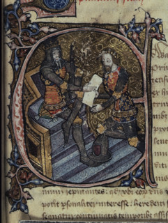 Initial E: King Edward III granting the Black Prince the principality of Aquitaine, c1386-c1399.